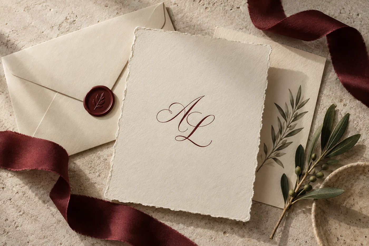 Ivory paper and burgundy ribbon, ready for your story